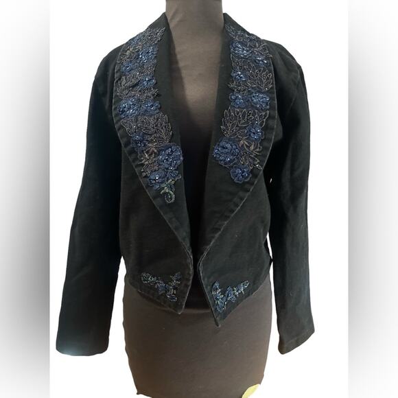 Y2K Black Denim Blue Floral Beaded Sequin Cropped Jacket M Western Boho Grunge - Picture 1 of 8